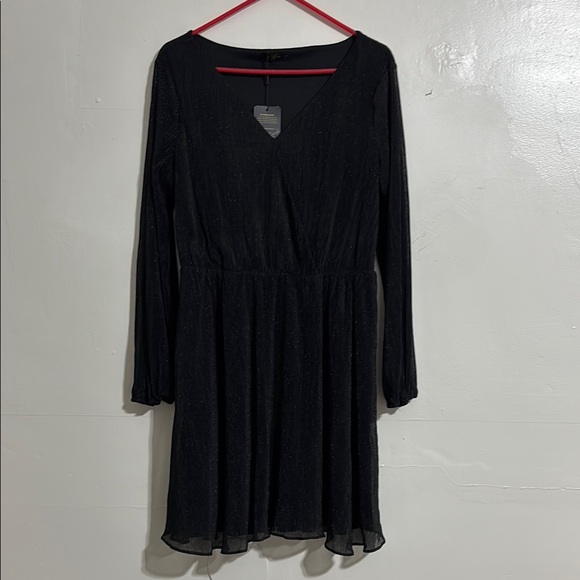 NWT Black Glitter Plissé Mini Dress V-Neck Long Sleeve Metallic Sparkle large - Picture 2 of 13